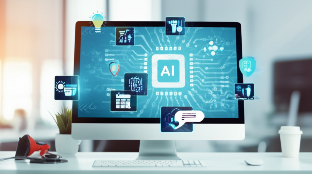 Illustration showing different AI applications: automating tasks like scheduling, AI chatbots interacting with customers, AI analyzing data on a screen, and AI enhancing cybersecurity with a digital shield.