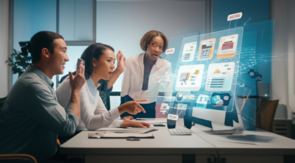 Futuristic depiction of generative AI creating content, making real-time decisions, and empowering small businesses, highlighting emerging AI trends in 2024 with dynamic technology elements.