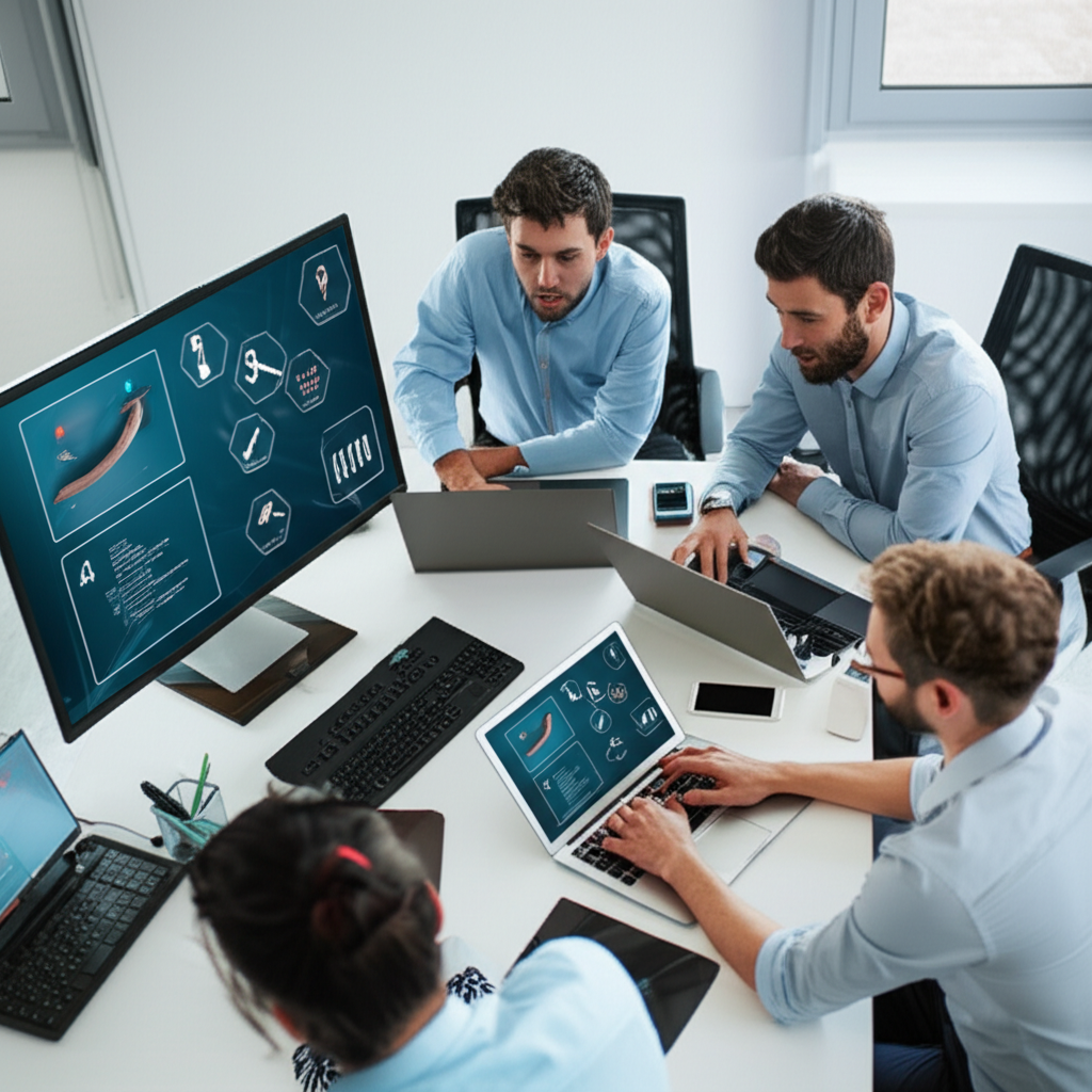 A business team collaborating with AI tools on laptops and screens, depicting steps to integrate AI strategically into business workflows with charts, tools, and team training.