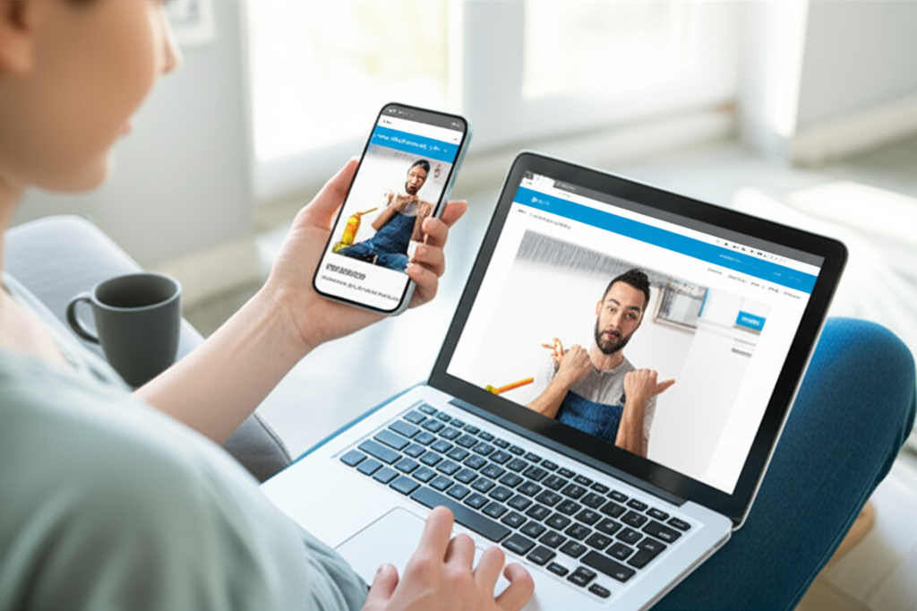 A person using a smartphone and a laptop simultaneously, with the website displayed correctly on both screens, highlighting mobile responsiveness and cross-device compatibility.