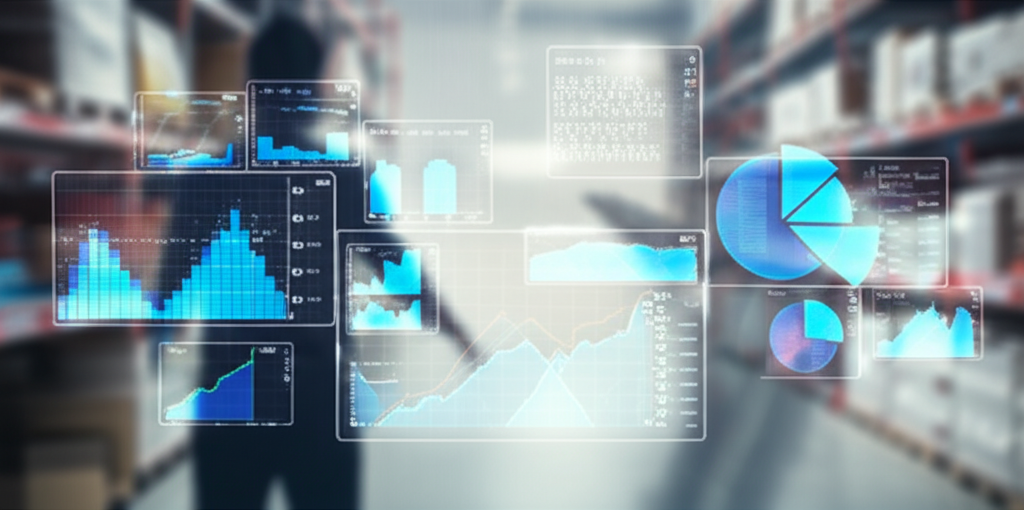 A visualization of AI streamlining operations: showing AI analytics monitoring inventory, predicting demand, and highlighting cost savings in a retail setting.