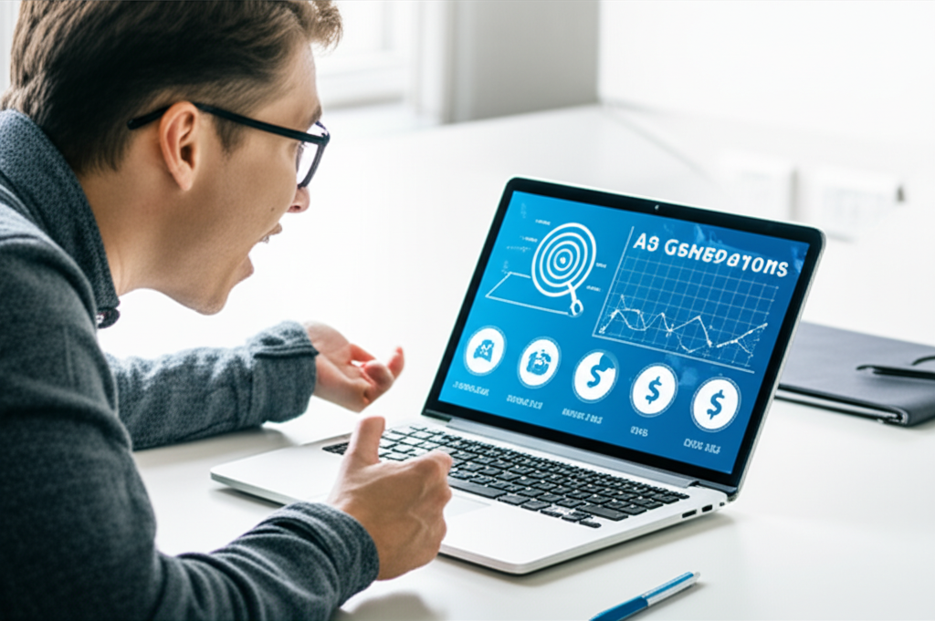 An image representing smart and affordable AI marketing strategies, with AI generating targeted ads, analyzing competitors, and demonstrating cost savings for a startup.