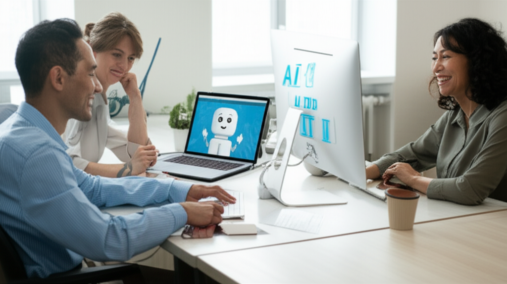 An illustration of a small business office with a friendly AI chatbot assisting employees by automating repetitive tasks like scheduling and invoicing.