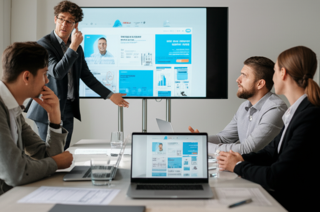 A professional consultation scene showing a business owner discussing goals and strategies with a web development agency, emphasizing the process of selecting the best agency.